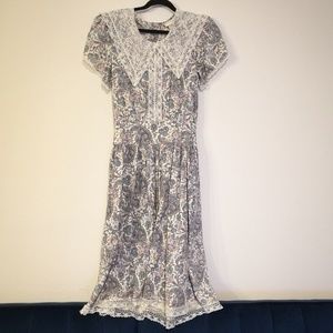 Vintage 80s Paisley Lace Dress Exaggerated Collar